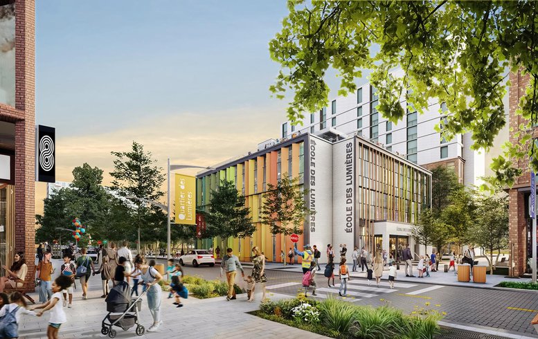 Vue extérieure d’un bâtiment scolaire moderne, avec des façades colorées et un environnement urbain animé. Des piétons, des familles et des enfants circulent autour de l'école, mettant en valeur l’accessibilité et l’intégration de l’établissement dans le Quartier des lumières.