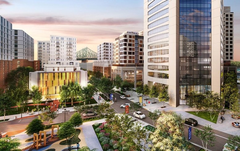 Vue panoramique du Quartier des lumières avec des immeubles modernes et des espaces publics bien aménagés. Les rues animées, les zones verdoyantes et les bâtiments en verre créent un environnement vibrant, parfait pour la vie urbaine contemporaine.