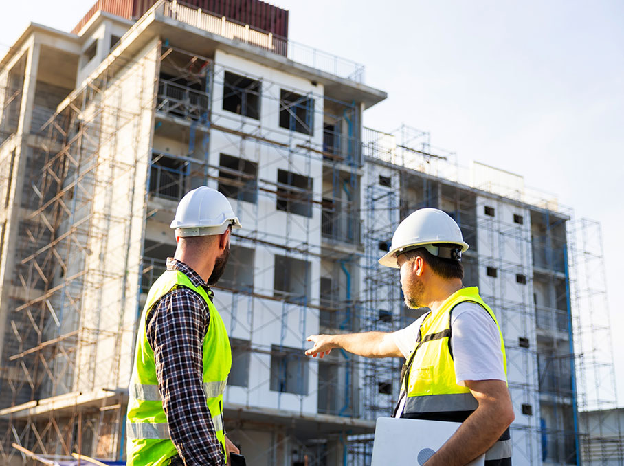 Two construction engineers wearing helmets and safety vests discuss in front of a building under construction surrounded by scaffolding. One of them is pointing toward the structure.
