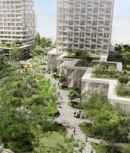 Aerial view of a modern urban district with several towers surrounding a large green landscaped area with pedestrian pathways. The image illustrates sustainable design blending nature and architecture.