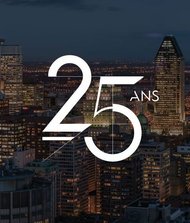 Vue nocturne du centre-ville de Montréal illuminé, avec l’inscription « 25 ans » en grand au centre de l’image et le logo du Groupe MACH en bas à droite, soulignant le 25e anniversaire de l’entreprise.