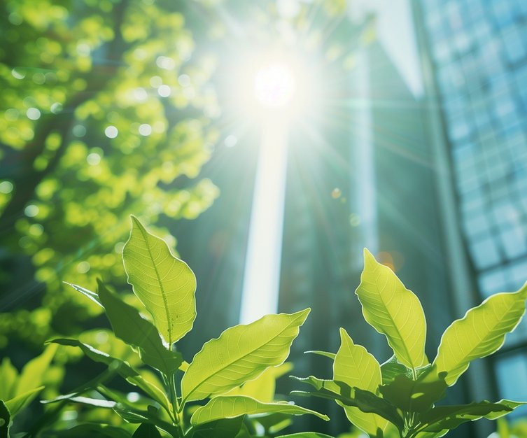 Feuilles vertes en gros plan baignées de lumière naturelle, avec en arrière-plan des immeubles modernes en verre reflétant le soleil. L’image évoque l’harmonie entre nature et urbanisme.